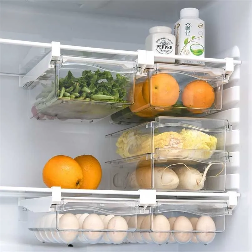 Plastic Clear Fridge Organizer Slide Under Shelf Drawer Box Rack Holder Refrigerator Kitchen Fruit Food Storage 211112