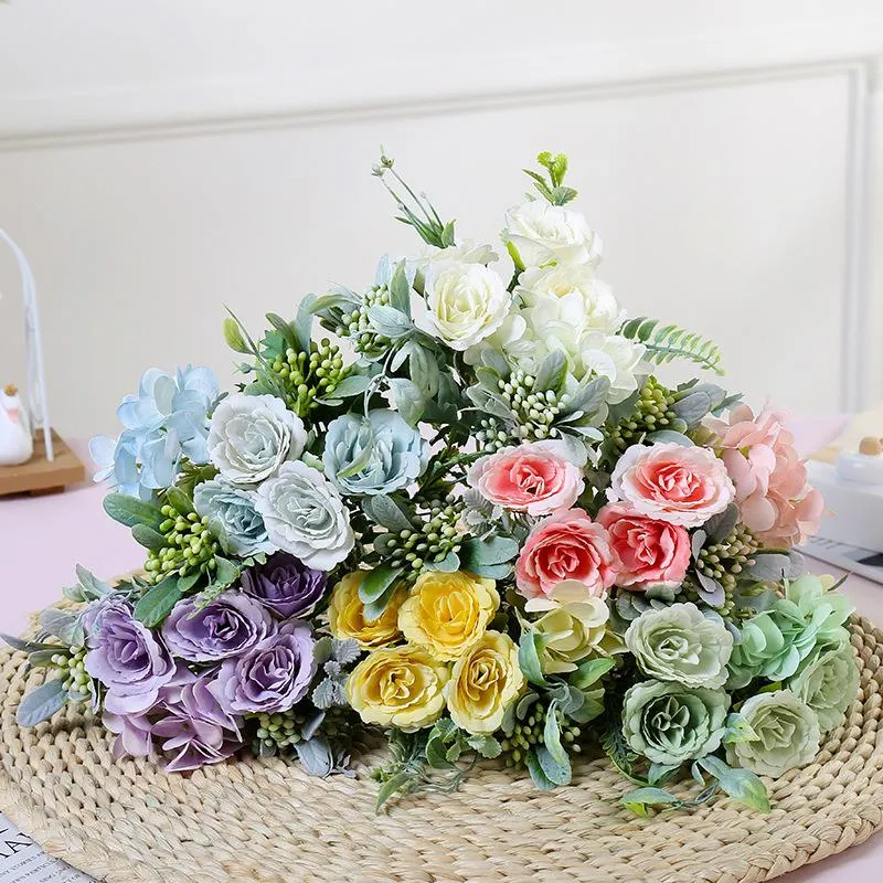 Couronnes de fleurs décoratives, 5 pièces, Bouquet artificiel de roses en soie, hortensia, faux Festival, bricolage, décoration de mariage, de maison, 5 Branches
