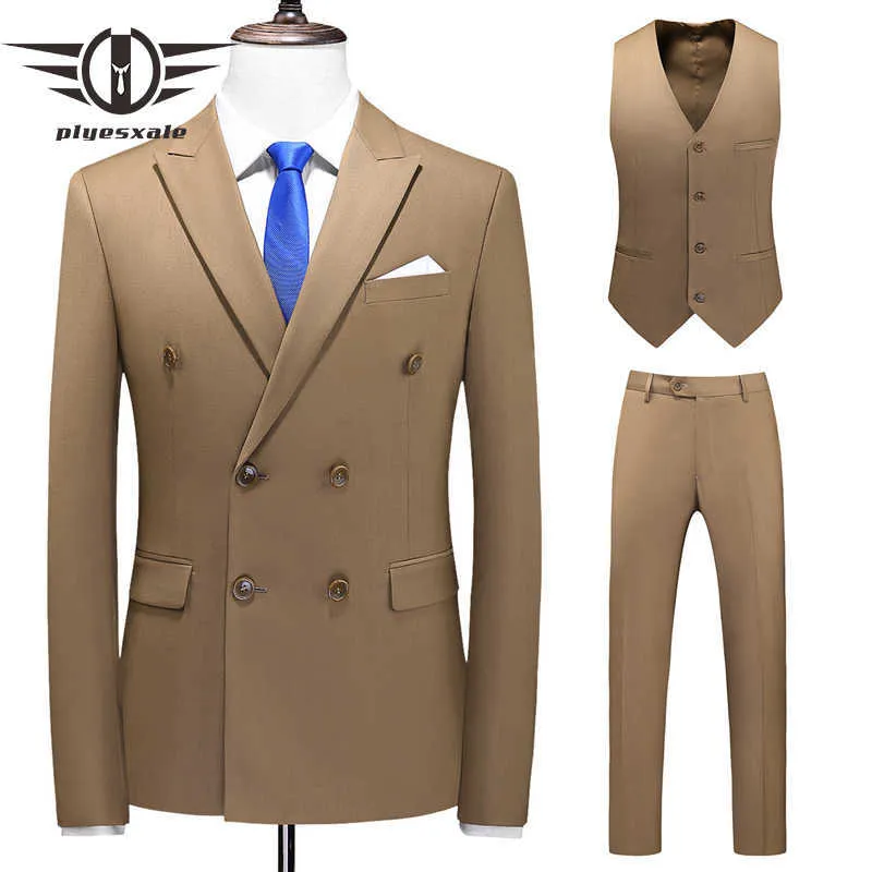 Plyesxale Zweireiher Anzüge Für Männer Khaki Smoking Bräutigam Anzüge Für Männer Hochzeit Formale Business Anzug Jacke Hosen Weste Q919 X0909