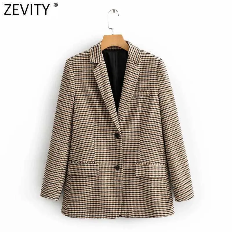 Zevity女性ヴィンテージノッチカラーチェック柄プリントフィッティングブレザーコートオフィスレディースシングルブレストポケットシックアウトウェアトップスCT676 210603