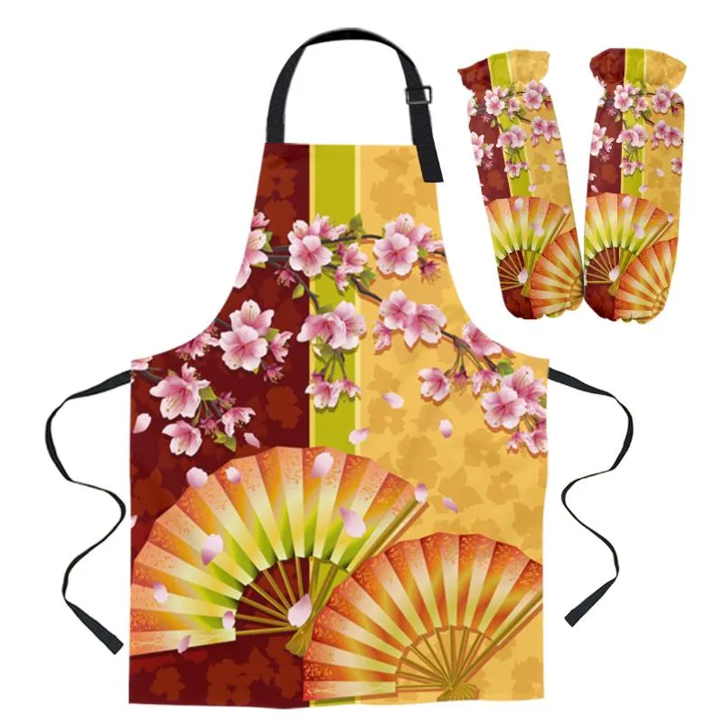 Aprons Cherry Blossom Fanエプロンセットキッチンクッキングビブ大人の子供ベーキング手袋耐油性スリーブ衛生清掃