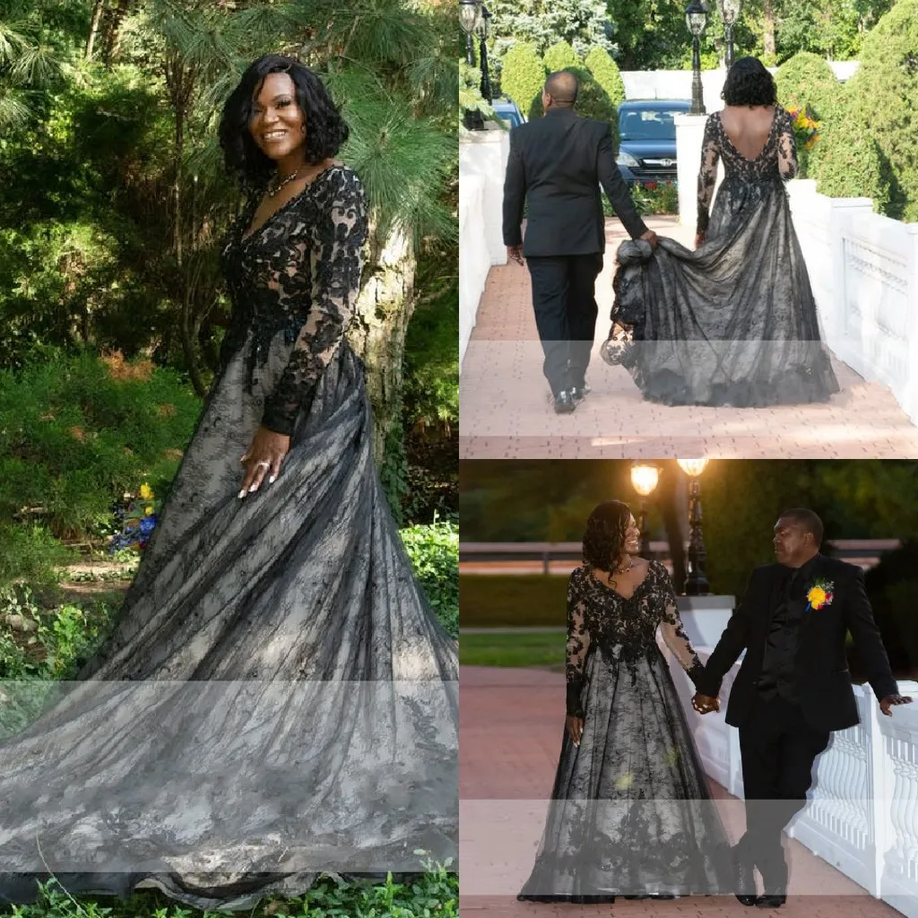 2022 Vintage schwarze Spitze Hochzeitskleid Prinzessin Empire-Taille Spitze V-Ausschnitt schiere lange Ärmel Sexy V Open Back afrikanische Frauen Partykleider für die Braut