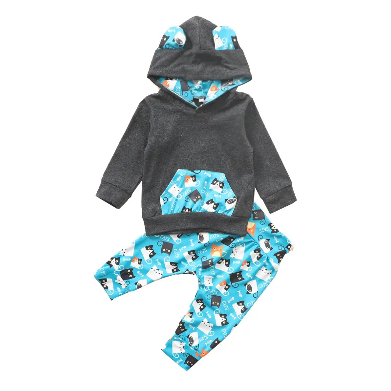 INS Vêtements bébé mignon 2pcs tenue enfant en bas âge à manches longues à capuche dessin animé chat ours imprimé pantalon ensemble bébé unisexe automne hiver vêtements ensembles 1319 B3