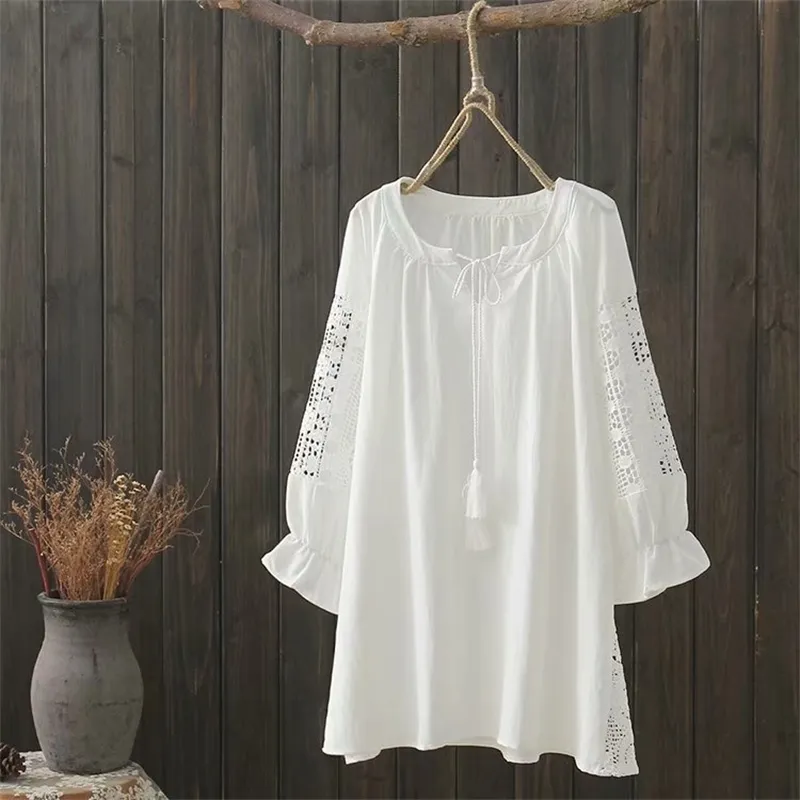 Пустые кружевные лоскутное хлопок белый лепесток рукав рубашка женские свободные вершины летняя блузка 210615