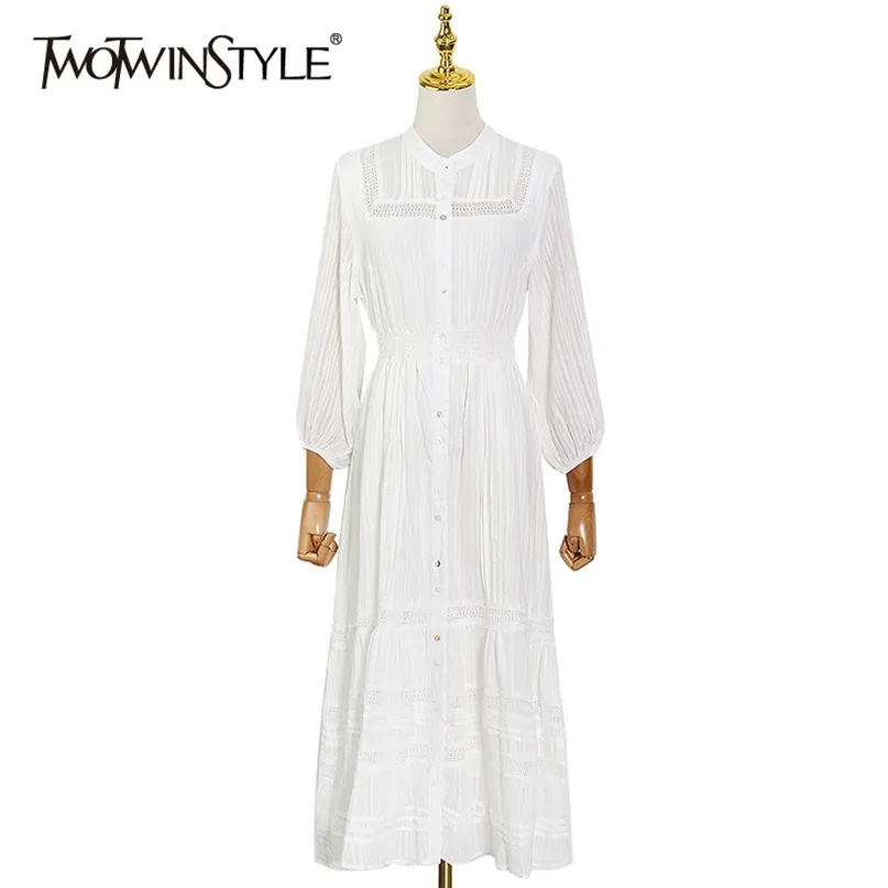 Weiß Elegante Patchwork Spitze Kleid Für Frauen Stehkragen Langarm Hohe Taille Koreanische Midi Kleider Weibliche Mode 210520