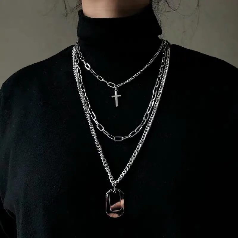 Anhänger Halsketten Persönlichkeit Kreuz Quadrat Metall Multilayer Hip Hop Lange Kette Kühle Einfache Halskette Für Frauen Männer Schmuck Geschenke