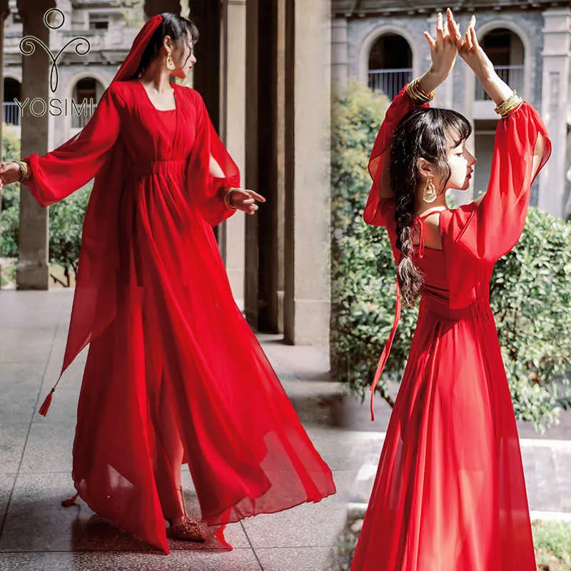 YOSIMI Floor-Length Red Chiffon Long Women Dress Summer V-neck Sleeve Fit and Flare Evening Party Elegant 210604