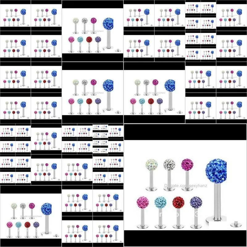  shipping,wholesales 20pcs mix 10 colors body piercing jewelry disco ball cz crystal lip piercing labret bar labret ring