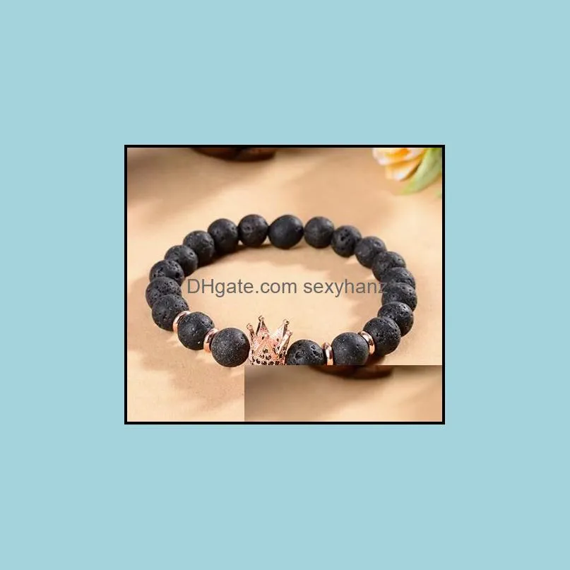 8mm yn33 gold silver crown Frosted agate Onyx nature black stone a micro pave cz zircon cubic zirconia Bracelet Reiki Chakra