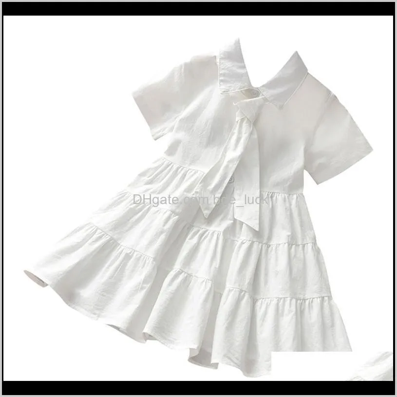 Fashion Little Girls Summer Lapel Dress, Short Sleeve Solid Color Button Front Loose Fit Dress Wholesale Girl`s Dresses