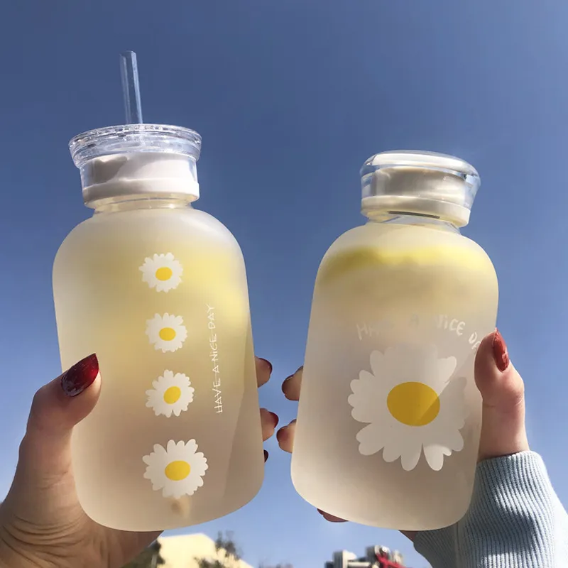 Bouteilles à boire avec échelle et 2 couvercles, 480ml, jus de lait de marguerite, eau mignonne, paille en verre givré, Kawaii