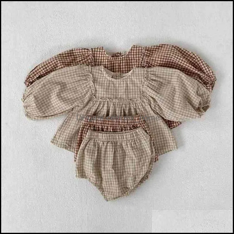 Baby Girls Clothes Little Plaid Infant Girls Boys Clothes Set Puff Sleeve Blouse Bloomer 2 Pcs Toddler Suit