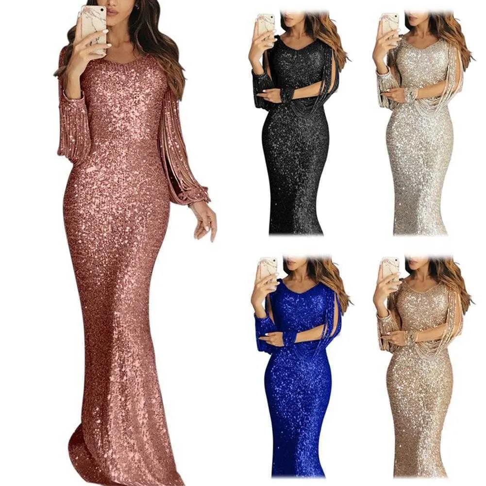 Hot Sales!!! Plus Size Chic Women Sequined Tassel Long Sleeve V Neck Bodycon Party Maxi Dress Y1006