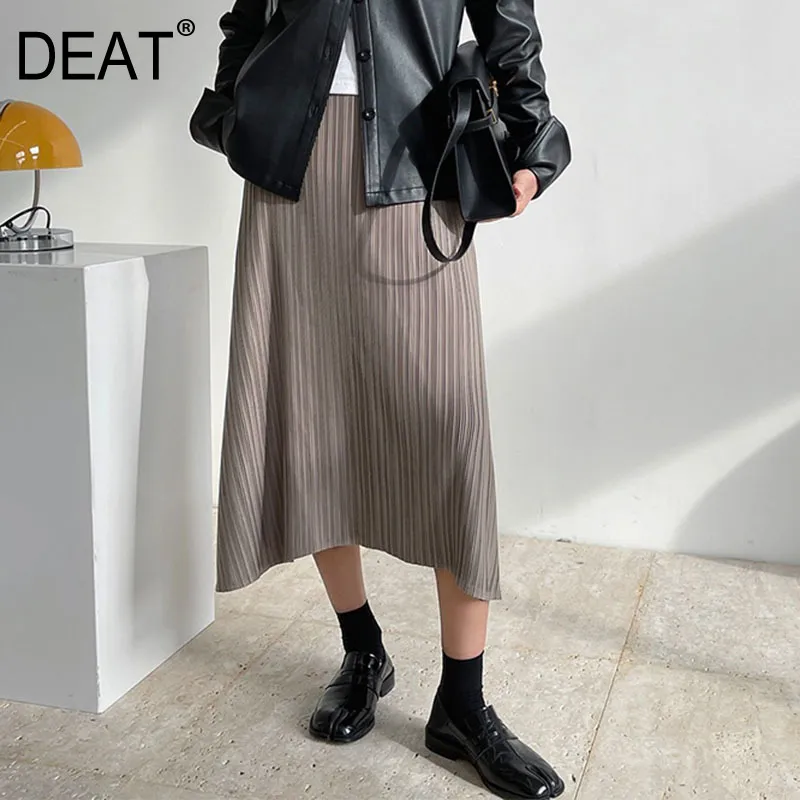 High Elastic Waist Half-body Light Yellow Asymmetric Mid Calf Pleated Skirt Women Fashion Tide Spring Autumn GX342 210421