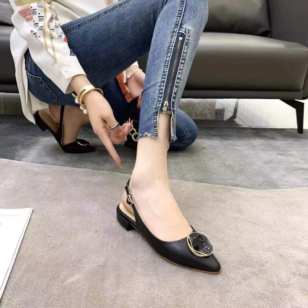 stylishbox- Y21051402 BLACK/IVORY FLATS shoes LAMB SKIN GENUINE LEATHER SLING BACK POINTED TOE FASHION CASUAL BALLERINAS