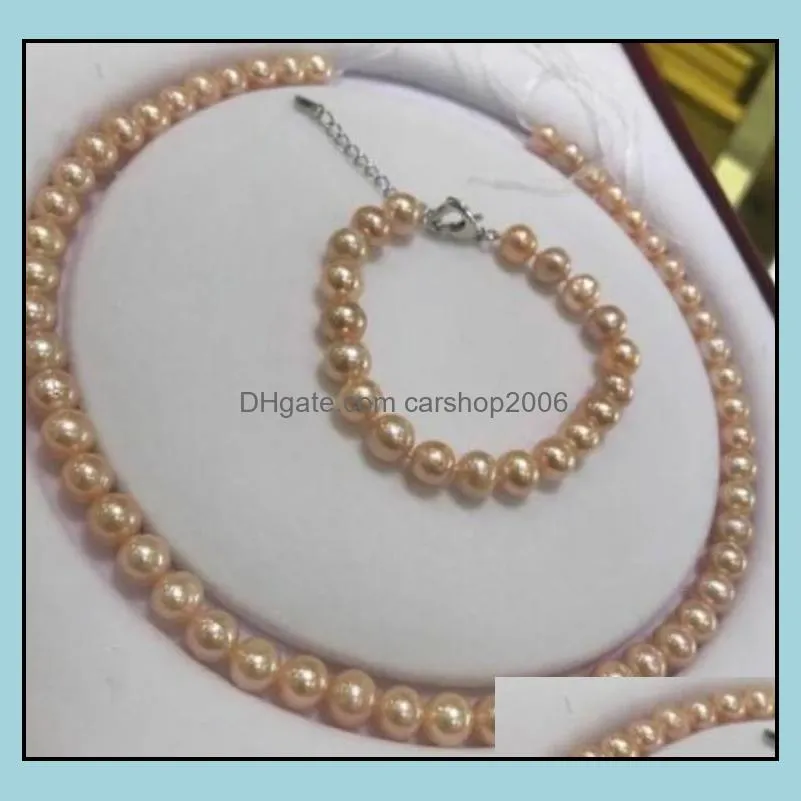 9-10mm Pink Natural Pearl Beaded Necklace Bracelet Set 925 Silver Clasp Women`s Gift Jewelry