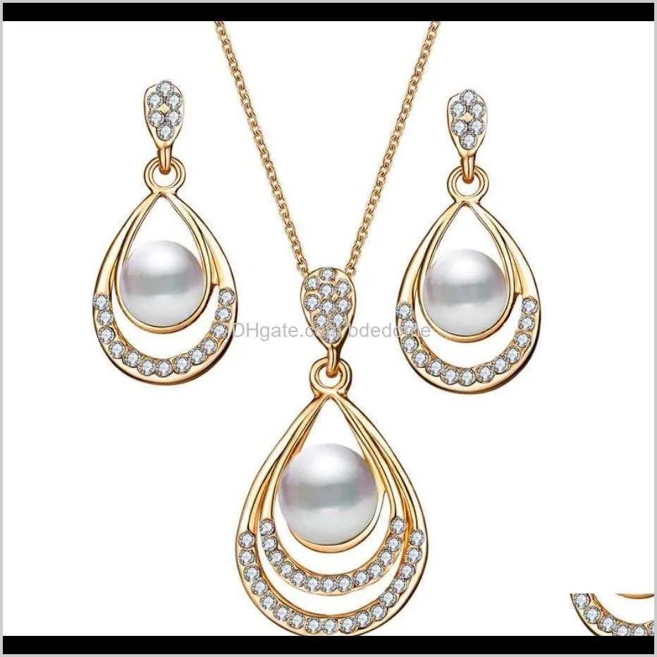 Ohrringe Drop Lieferung 2021 Schmuck Sets Ohrring Halskette Kunststoff Perle Zinklegierung Aessory mit Kristall Diamant Anhänger Gold Silber vergoldet Me