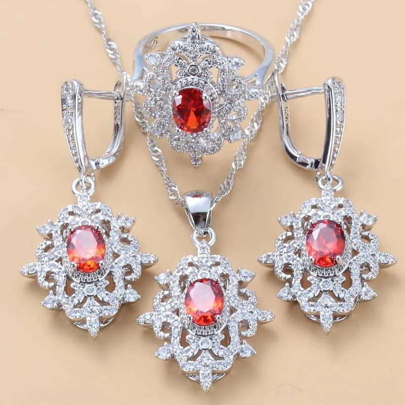 Elegant Women Wedding Costume Jewelry Sets Natural Stone Red Garnet Dangle Earrings And Necklace Ring Bridal Sets H1022