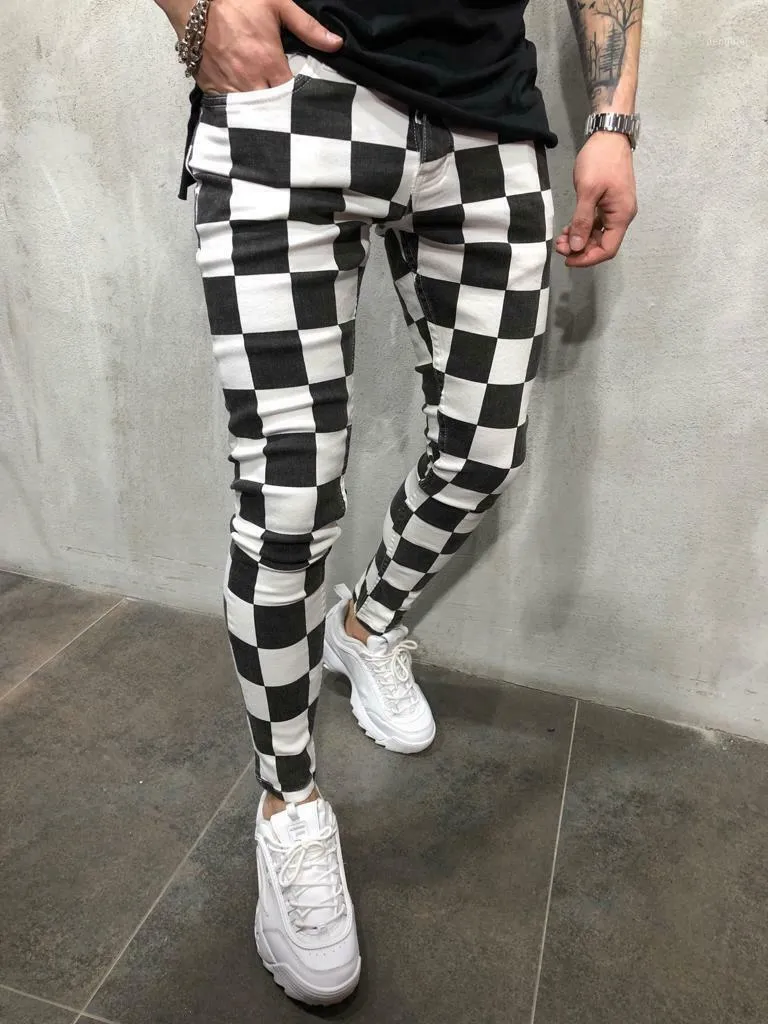 Męska Moda Slim Komfortowy Paski Plaid Black White Casual Ołówek Jogger Cargo Spodnie Spodnie