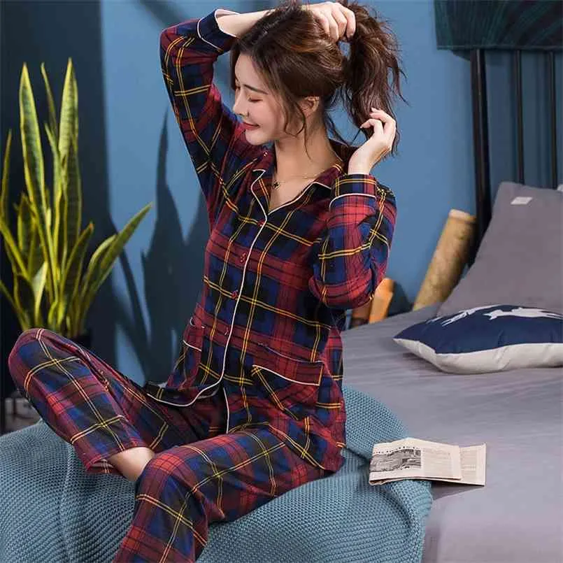 Kobiety Piżamy Zestawy Bawełna Bawełniana Bawełniana Kołnierz Kołnierz Z Długim Rękawem Jesień Plus Rozmiar Piżama Lattice Kobiet Casual Homewear Pijama 210809