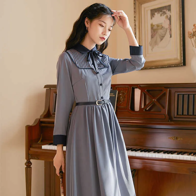 Vintage Gray Patchwork Long Korean Dress for Women for Women - YOSIMI Autumn/Winter Stand Neck Mid-Calf Fit and Flare Office Vestidos (210604)