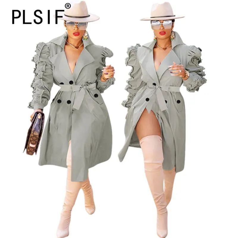 Women's Trench Coats Marca Moda Rua Sexy Mulheres Roupas Tops Ruched Longo Manga Chique Elegante Lady Exterior