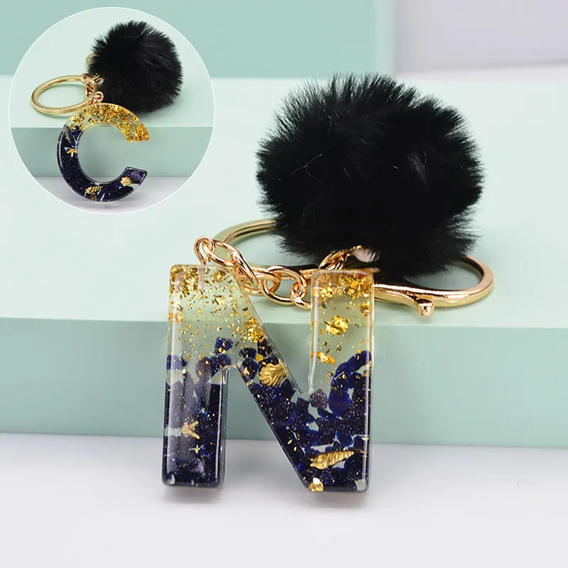 Glitter Gradient Black Pompom Letter Keychain For Womens Handbags