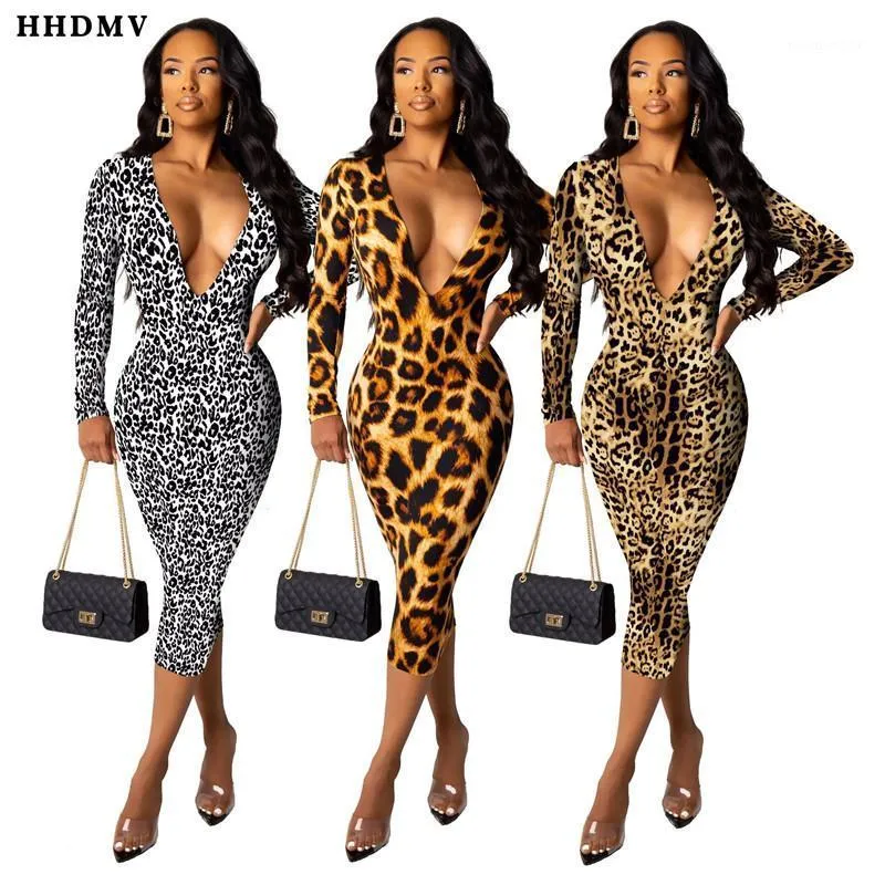 Abiti casual HHDMV SMR9416 Sexy High Street Style Manica lunga Deep V Leopard Grain Stretto 3 colori Mid