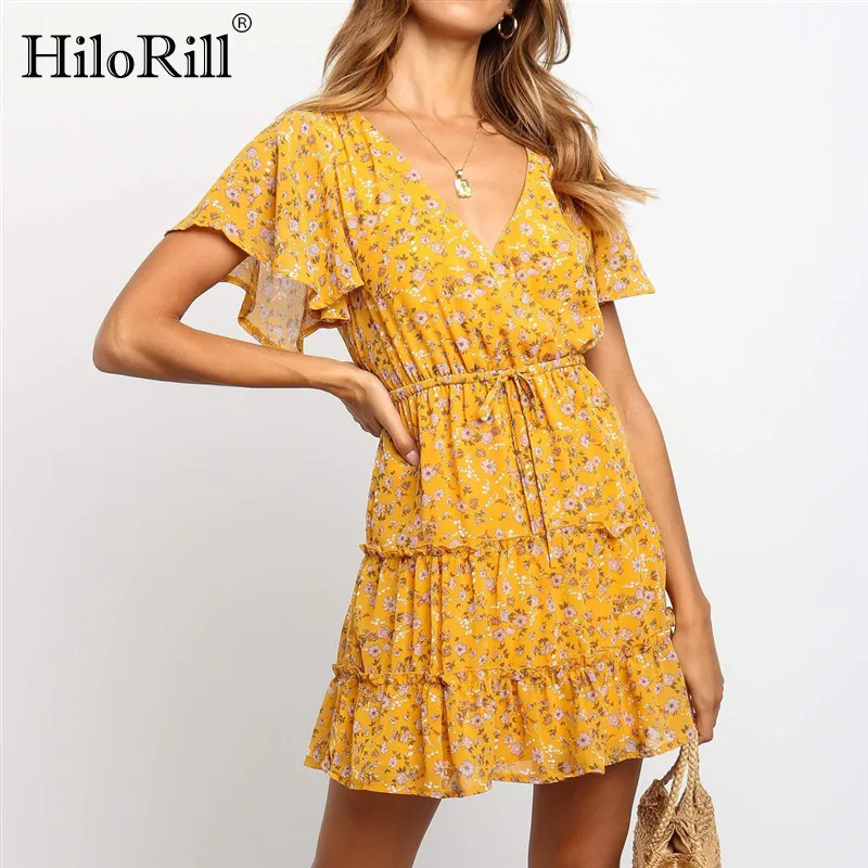 Summer Women Dresses Boho Floral Print Beach Sexy V-Neck Krótki Rękaw A-Line Mini Party Vestidos 210508