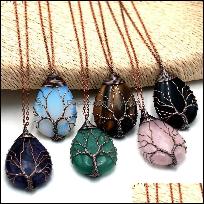 Wire Wrapped tree of life Chakra Teardrop Pendant Healing Crystal Energy Stone Quartz Necklaces Fashion Women Men Jewelry Wholesale