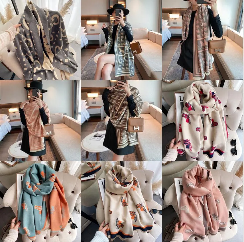 Partihandel Vinter Cashmere Scarves Scarf High-end Mjuk Tjockad Varm Sjal Scarf Mode Designer H Brev Utskrift Kvinnor Jacquard Ull Spinning Scarfs Storlek 180 * 65cm