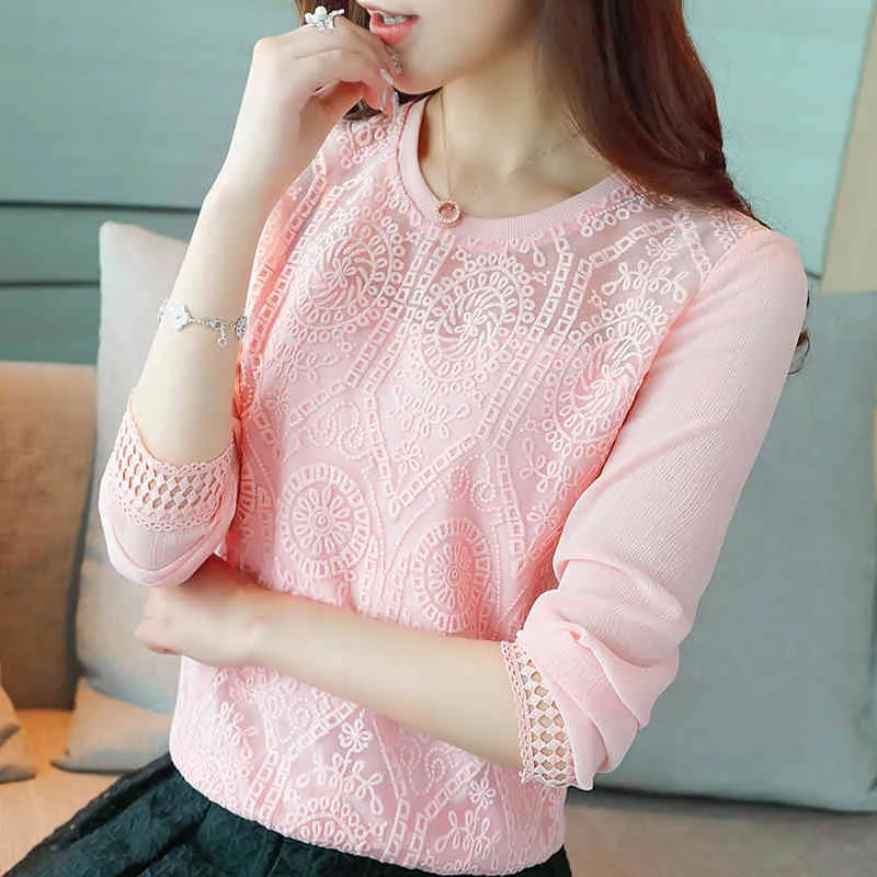 Autumn Fashion Long-sleeved Feminino Shirt Chiffon Women Tops Pink Lace Blouse Shirts Blusas Camisa 619H 210420