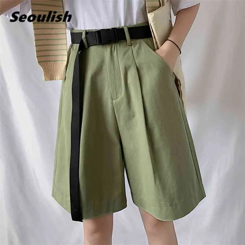 Seoulish Summer Women Casual Cargo Half Pants with Belted High Waist Chic Wide Leg Pant Elegant Loose Trousers Pocket 210721