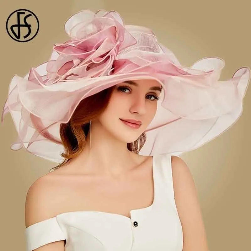 FS Pink Kentucky Derby Hat For Women Organza Sun Hats Flowers Elegant Summer Large Wide Brim Ladies Wedding Church Fedoras T200602
