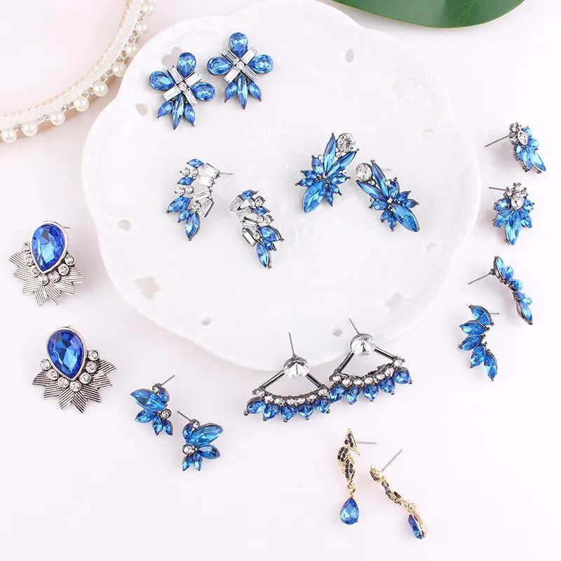 Stud LUBOV Trendy Blue Crystal Stone Piercing Earrings Rhinestone Inlaid Gold Silver Color Metal For Women Jewelry 2021