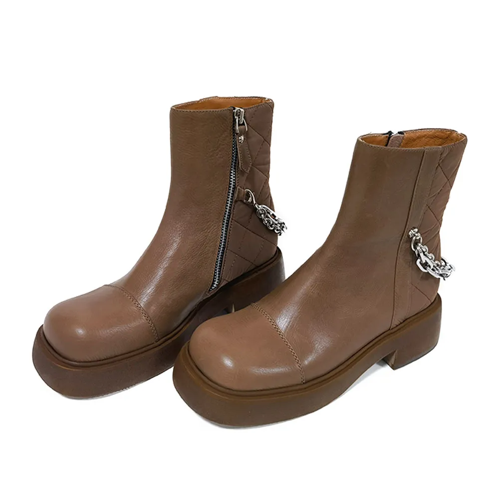 Midheel thick soled leather cowhide zipper Martin boots for comfort