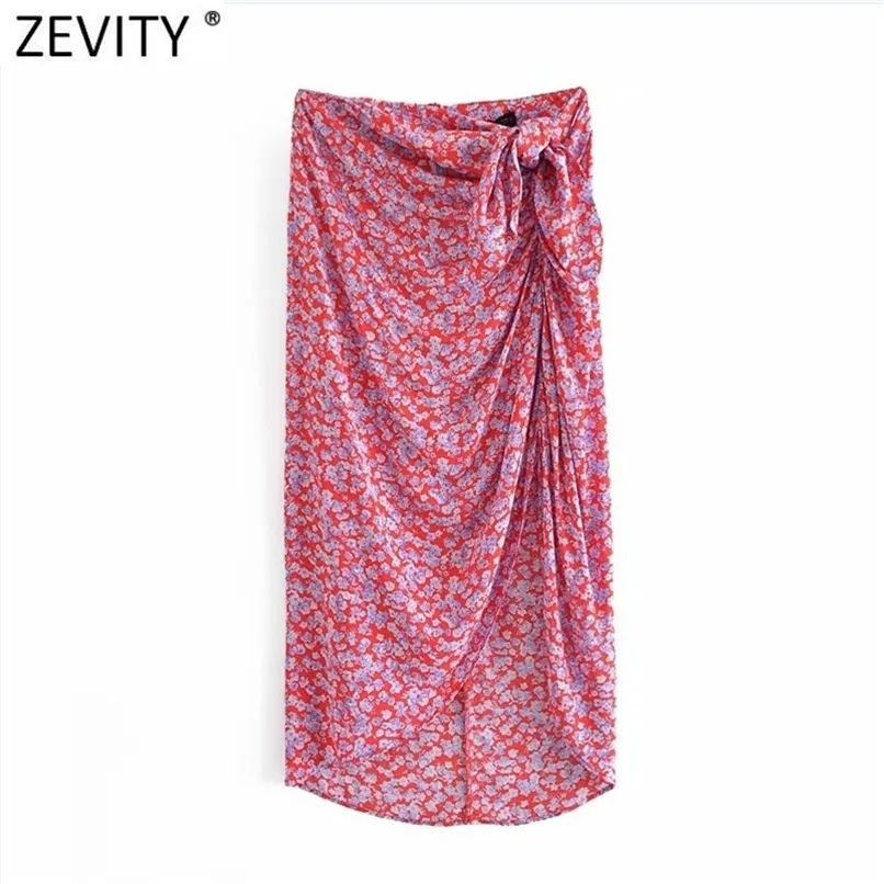 Zevity Women Sweet Floral Print Bowknot Gonna Sarong Faldas Mujer Donna Chic Piega Split Vestido Back Zipper Slim Gonne QUN778 210619