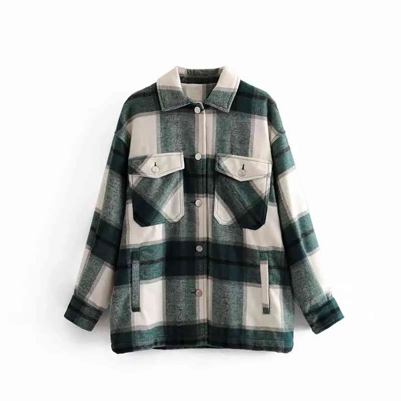 Automne Mode Revers À Manches Longues Veste Lâche Dames Paresseux Classique Plaid Lâche Étudiant Chemise Veste Rétro Mode Veste Femmes 210419