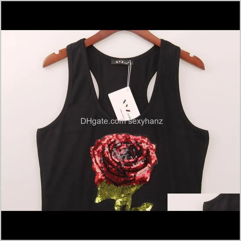 sexy woman tops summer t shirts for women sleeveless sequined black white flower rose t-shirts s-xl
