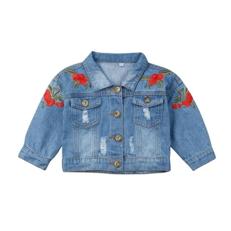 1-5Years moda criança criança menina bordado jaqueta casual casaco botão outerwear 211204