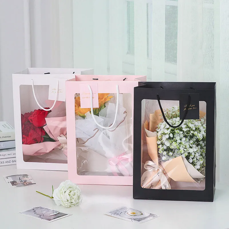 Portable Flower Gift Bag Clear Window Floral Packaging Paper Bags for  Wedding Presents