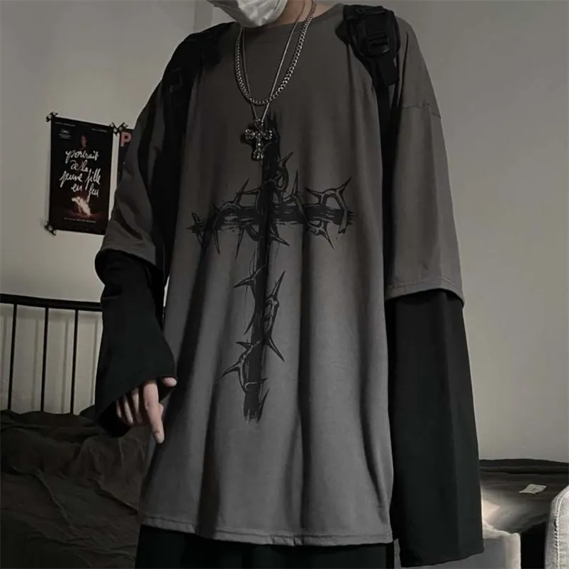 QWEEK Gothic Goth Style Tshirt Mall Goth Tops Punk Japanse Streetwear Fashion Koreaanse stijl Lange mouw Tshirt Oversize 210331