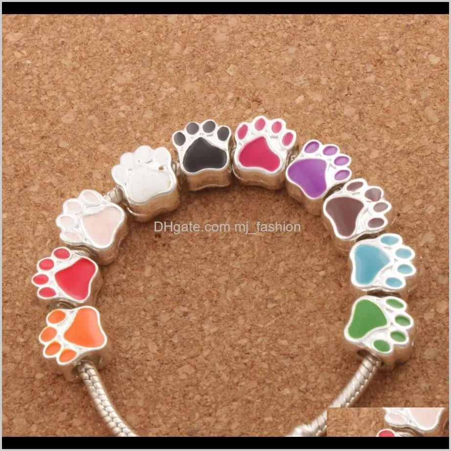 enamel bear paw print big hole beads 60pcs/lot 10colors silver plated bead fit european bracelets l1770
