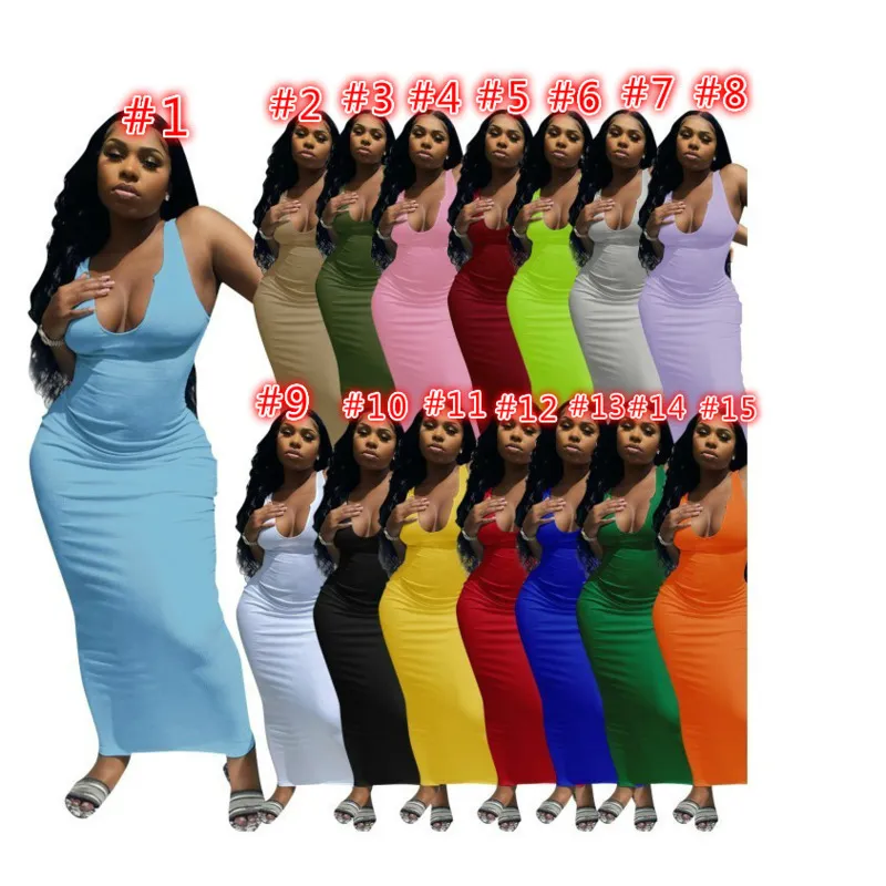 Kobiety Sukienki Designer Sexy Slim Sling Bez Rękawów Casual Solid Color Deep V Neck Bodycon Ołówek Długa Dress Clubwear Spódnica