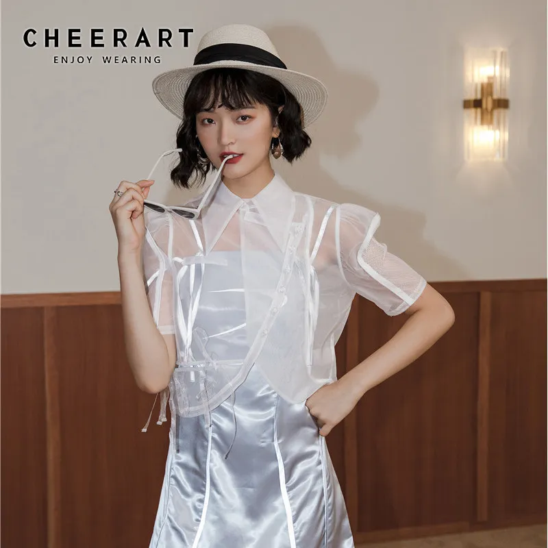 Organza Transparent Blus Kvinnor Puff Sleeve See Through Summer Crop Top White Collar Designer Ladies Tulle 210427