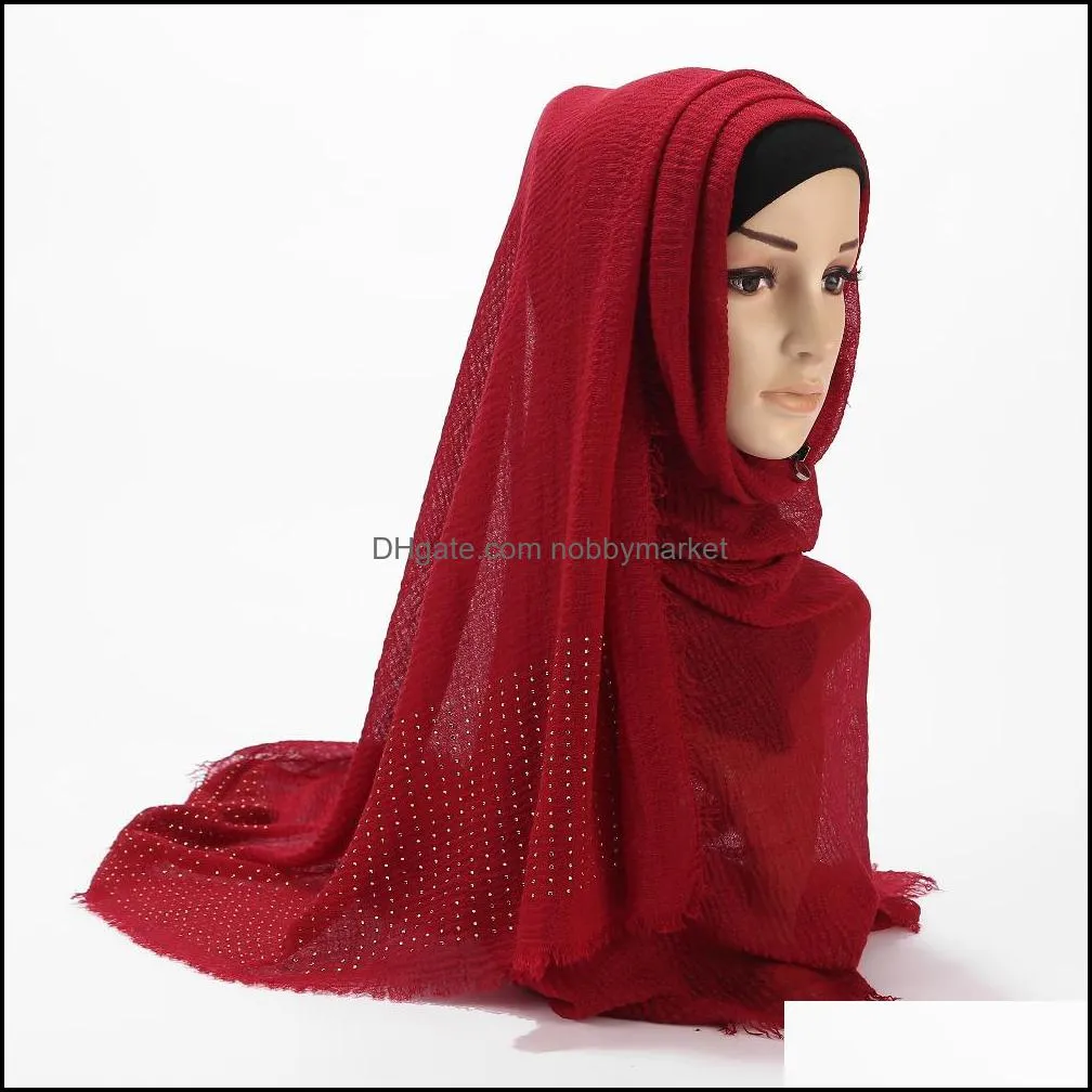 New Women`s Cotton Scarf with Diamond Plain Hijab Scarf Female Headscarf Wrap Fringe Crumple Muslim Scarf shawls and wraps