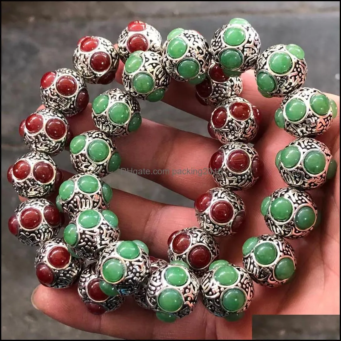 Antique Miscellaneous Wholesale Tibetan Silver Mosaic Jade Bracelet DIY Six Words Mantra Beaded Bracelet One Piece Dropshipping