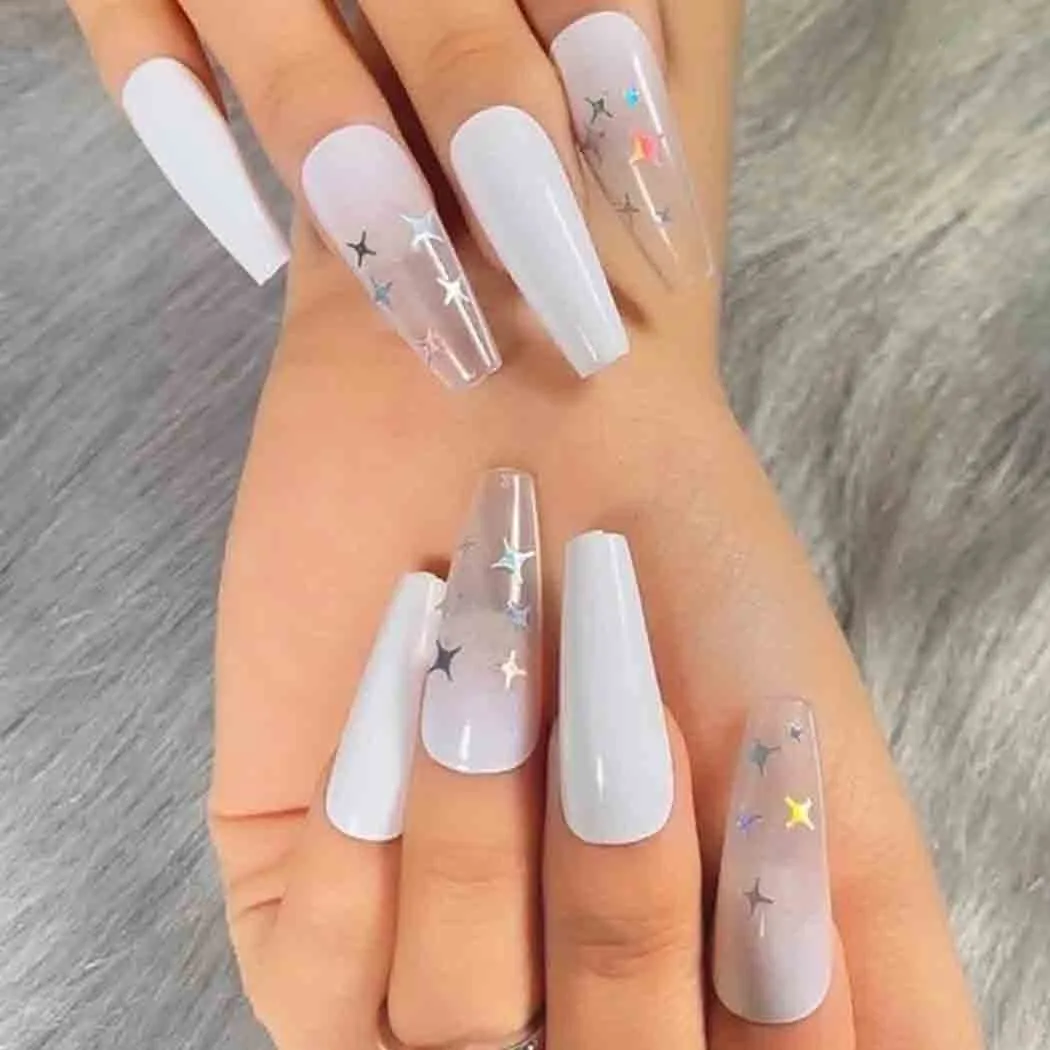 Laser Stars White Ombre Nails Press on Coffin Ballerina Gradient Fake Nail Extra Long False naill Acrylic Halloween Christmas