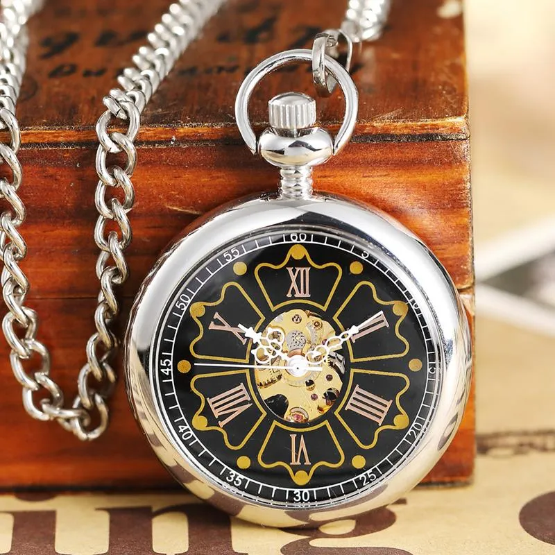 Taschenuhren Vintage Mechanische Uhr Steampunk Sechseck-Blume Handwicklung Silber FOB Kettenuhr für Mens Frauen Anhänger