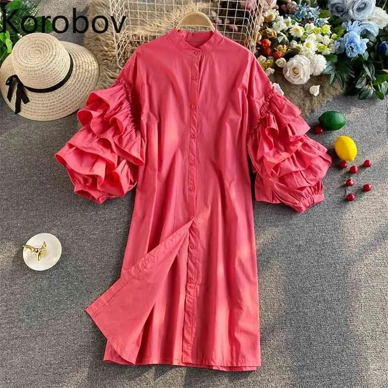 Korobov Autumn Retro Palace Style Puff Sleeve Dress Design Niche Mid-length Loose Temperament Long-sleeved Shirt Skirt 210430